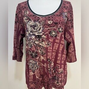 Y2K Vanilla Sugar Burgundy Floral Print Quarter Sleeve Shirt - Rhinestone Accent